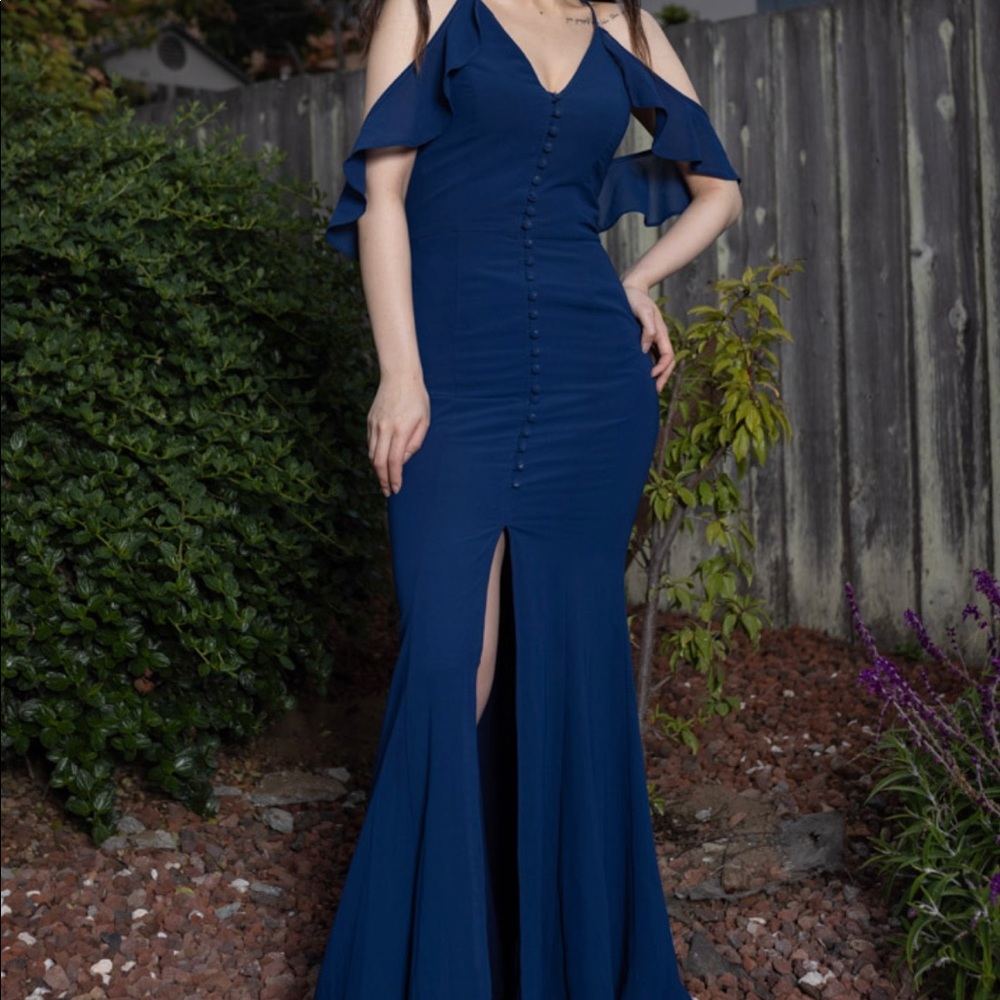 Navy Jarlo Cold Shoulder, Button Down, High Slit Maxi Dress - Prom, Wedding